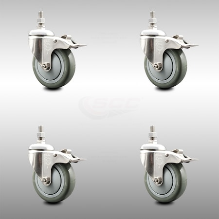 Service Caster 4 Inch 316SS Gray Polyurethane Wheel Swivel 10mm Stem Caster Set Lock Brake SCC-SS316TSTTL20S414-PPUB-M1015-4